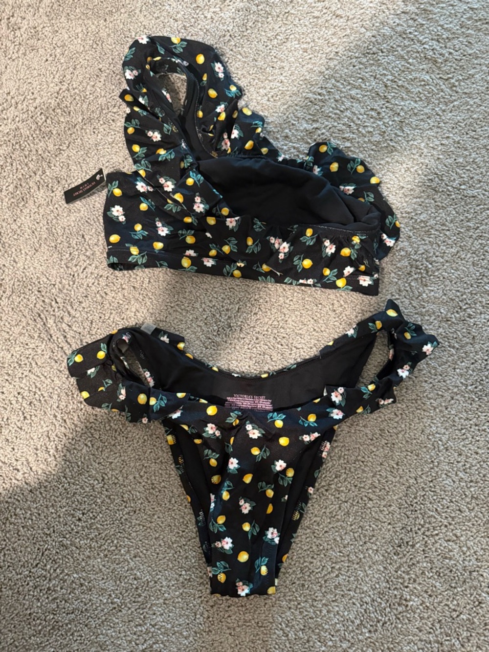 Victoria's Secret Black Bikini Top with Yellow Lemon & White Floral Print